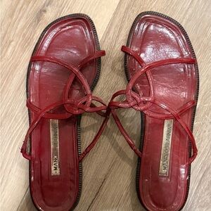 Manolo Blahnik Red Knotted Strappy Leather Sandals